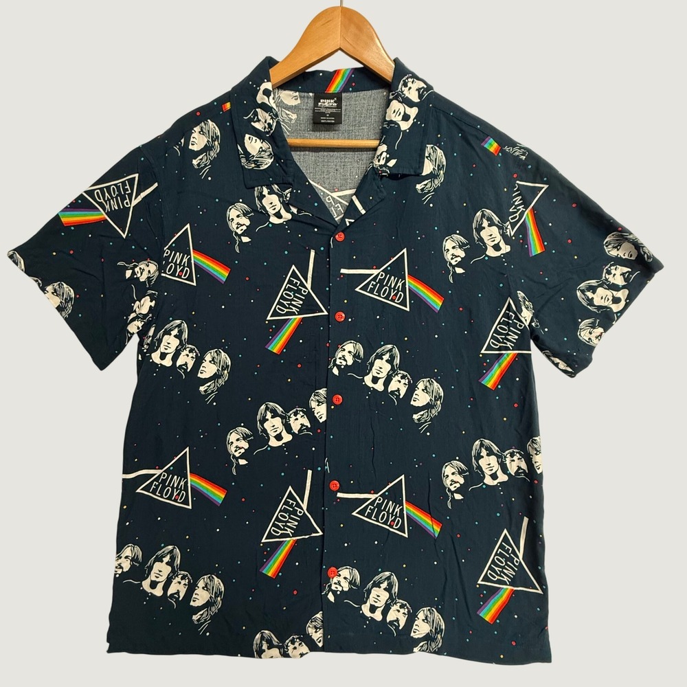 Pink Floyd Dark Side Moon Shirt‎ Men M Rayon Button Up All Over Print Band
